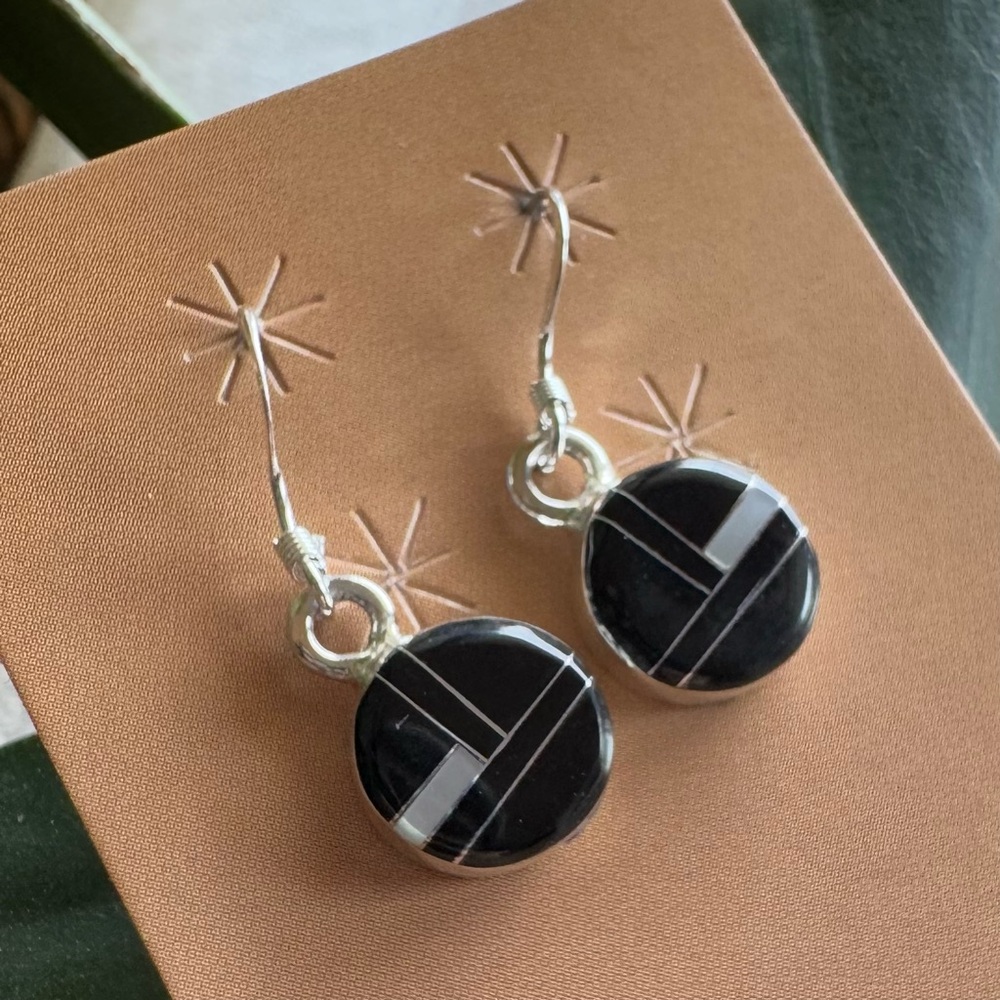 Modern Black Onyx and White Opal Inlay .925 Silver Earrings